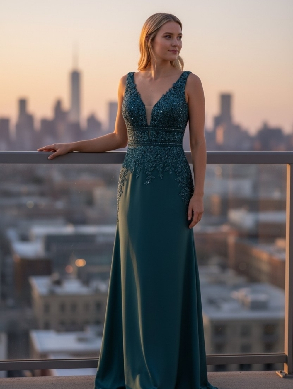 JJs House Teal V-Neck Lace Appliqué Evening Gown